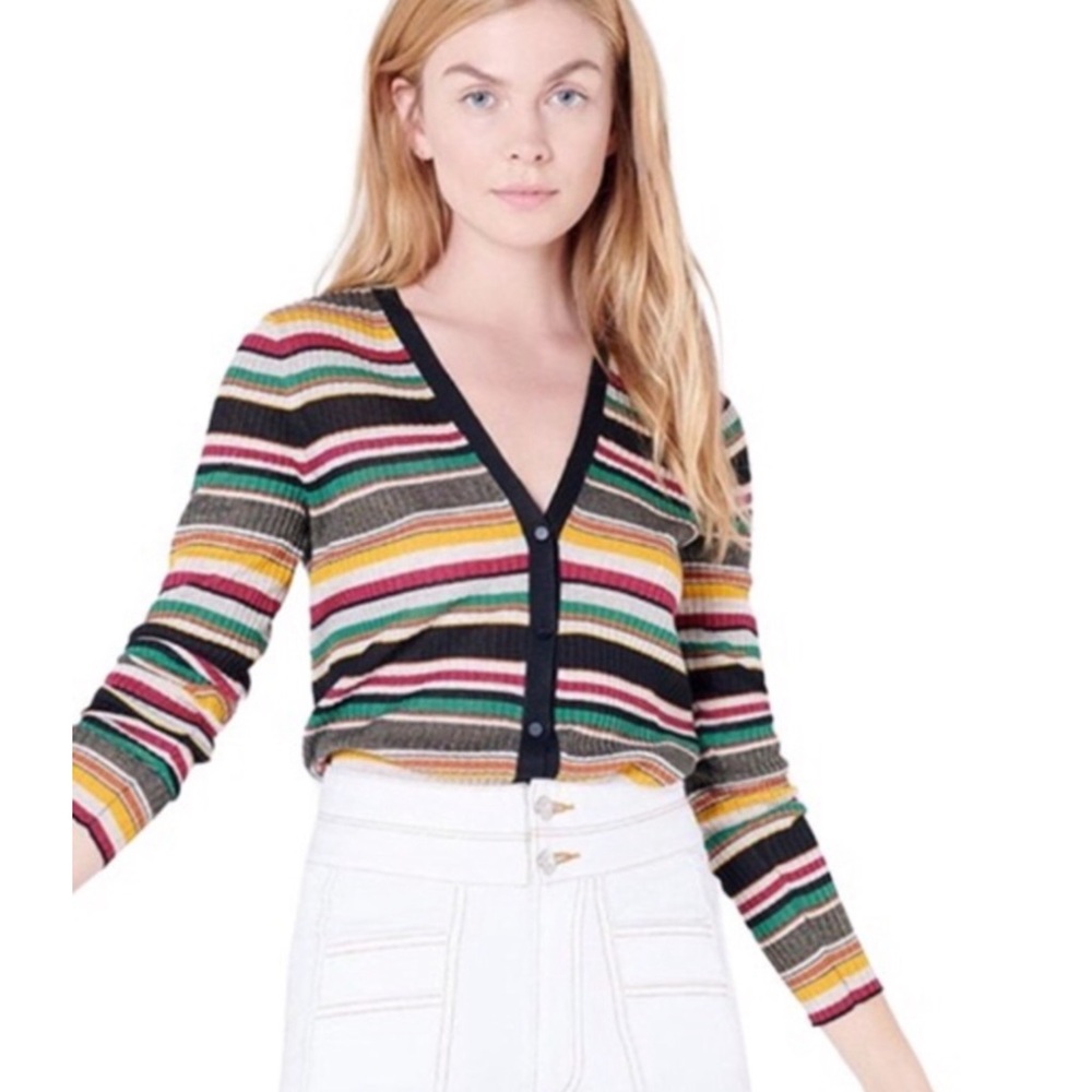 Veronica Beard | Ribbed Button Front Multi Color Stripe V-Neck Cardigan